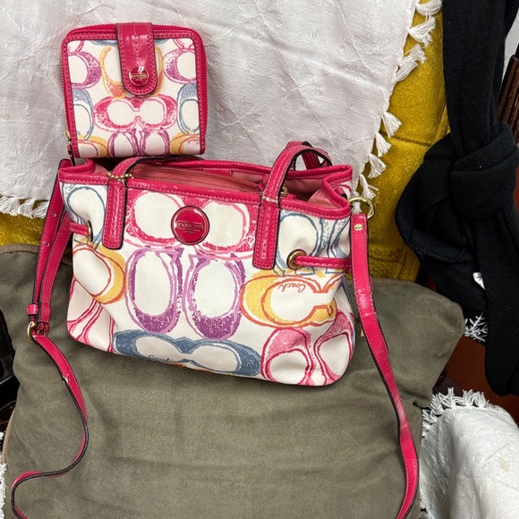 Coach Pink and Multicolor Shoulder Bag /wallet- some wears
